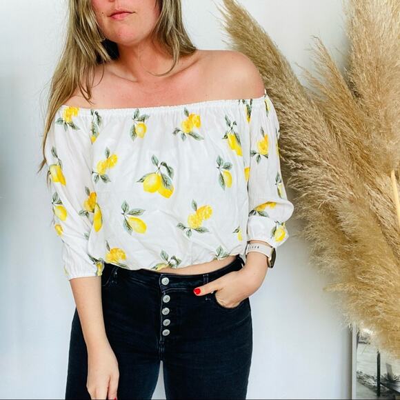 F21 FOREVER 21 White Yellow Lemon Print Off The Shoulder Blouse Shirt Crop Top L - Picture 3 of 8
